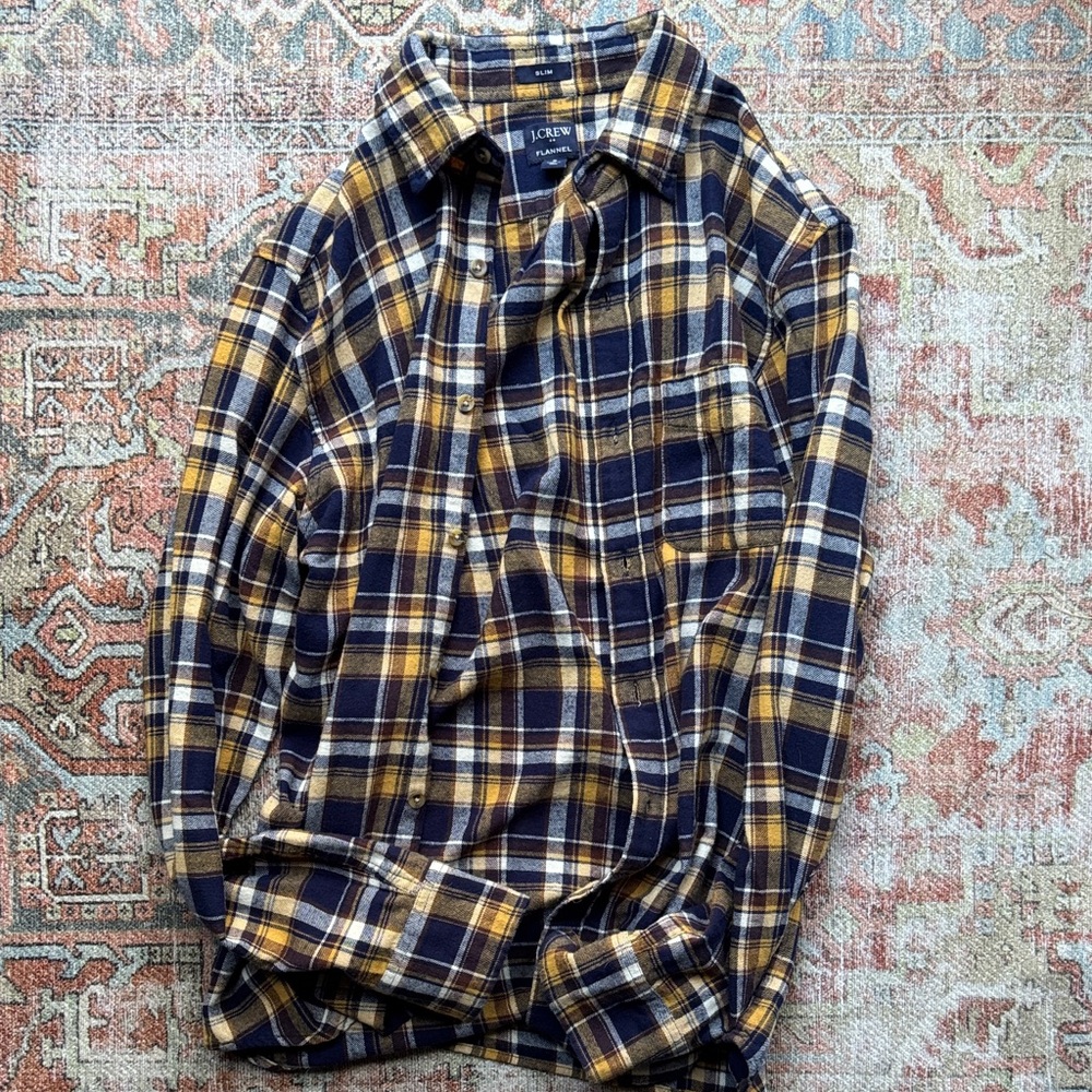 J. Crew Men's Blue and Yellow Checkered Shirt
